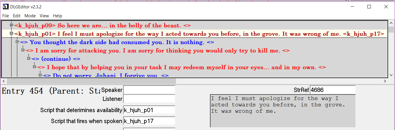 A screenshot of Version 2.3.2 of the DLG Editor displaying Juhani's main dialogue file, with the first conversation highlighted