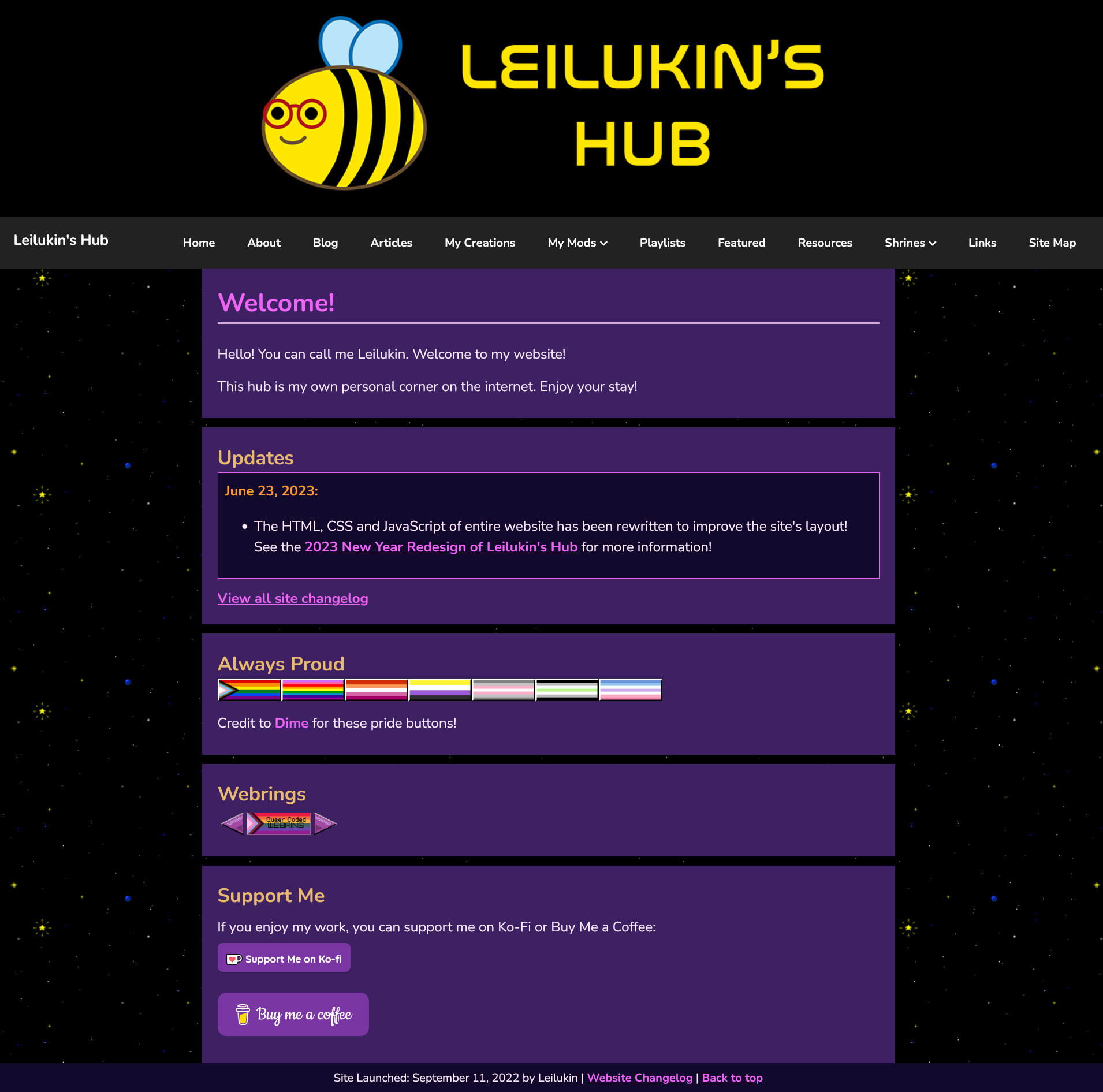 Screenshot of Leilukin's Hub home page on 23 June 2023