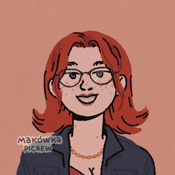 an image of emma created in picrew. the image is fem presenting and explores characteristics such as hair styles, jewlery, transitioning, and features of emma like freckles