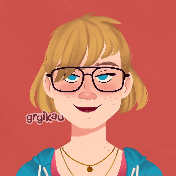 an image of emma created in picrew. the image is fem presenting and explores characteristics such as shorter, lighter hair and makeup as well as feature of emma such as her current style of glasses and freckles